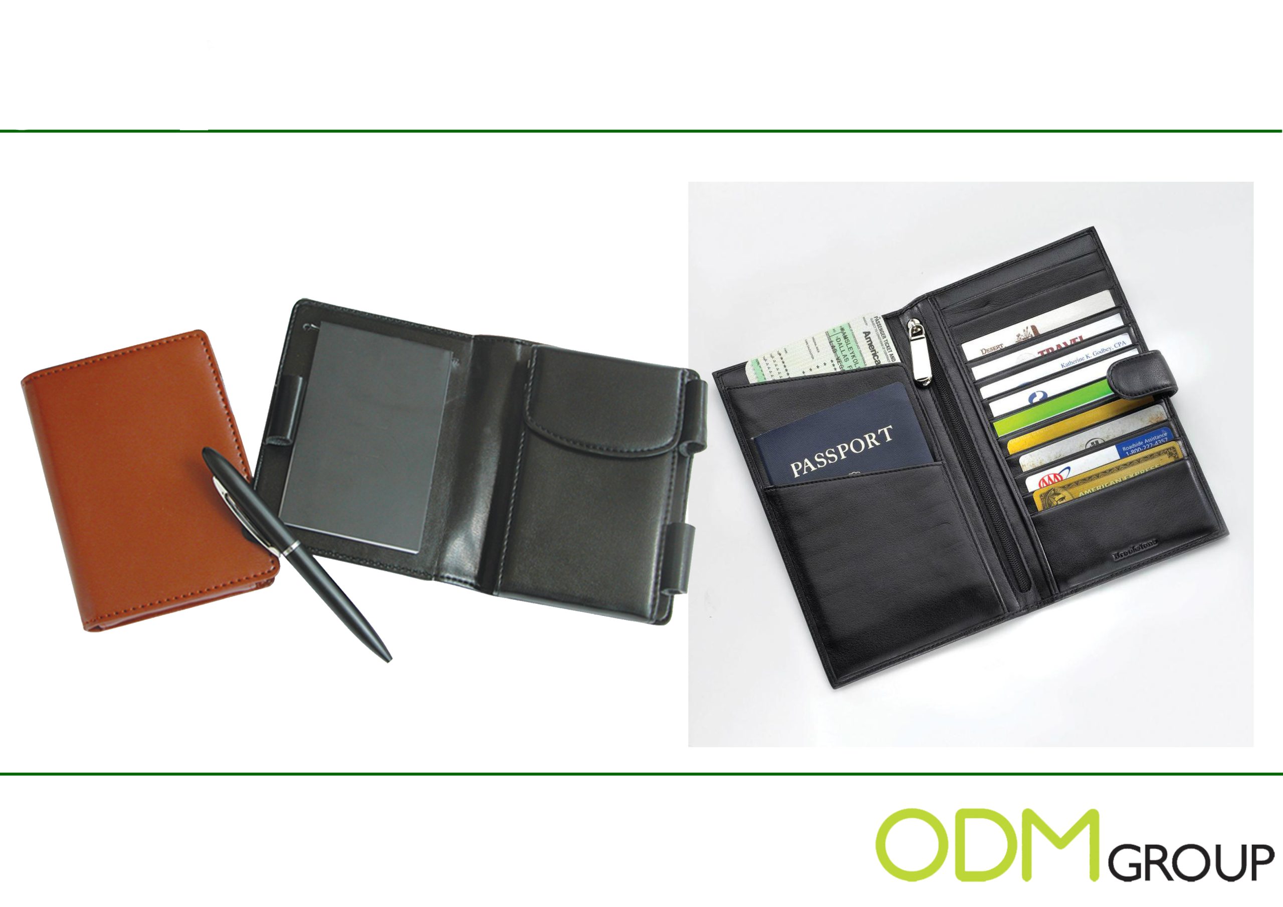 Leather passport wallets with card slots and pen holder.