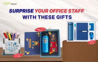 Various gifts for office staff including pen holders, holiday-themed sets, and premium gift sets.