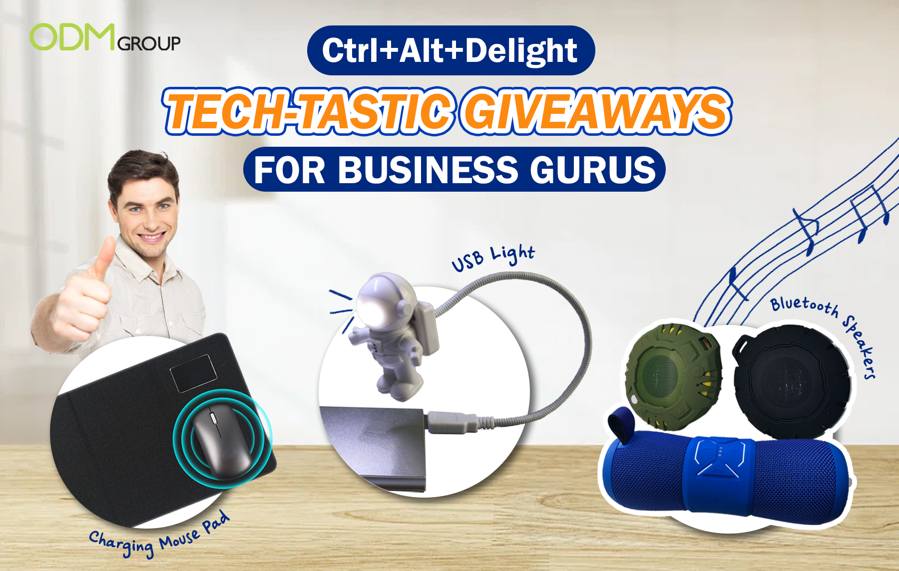 A selection of tech gadgets including a charging mouse pad, USB light, and Bluetooth speakers for business giveaways.