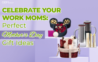 Mother's Day gift ideas by ODM Group, featuring flowers, a gift basket, and a coffee set.