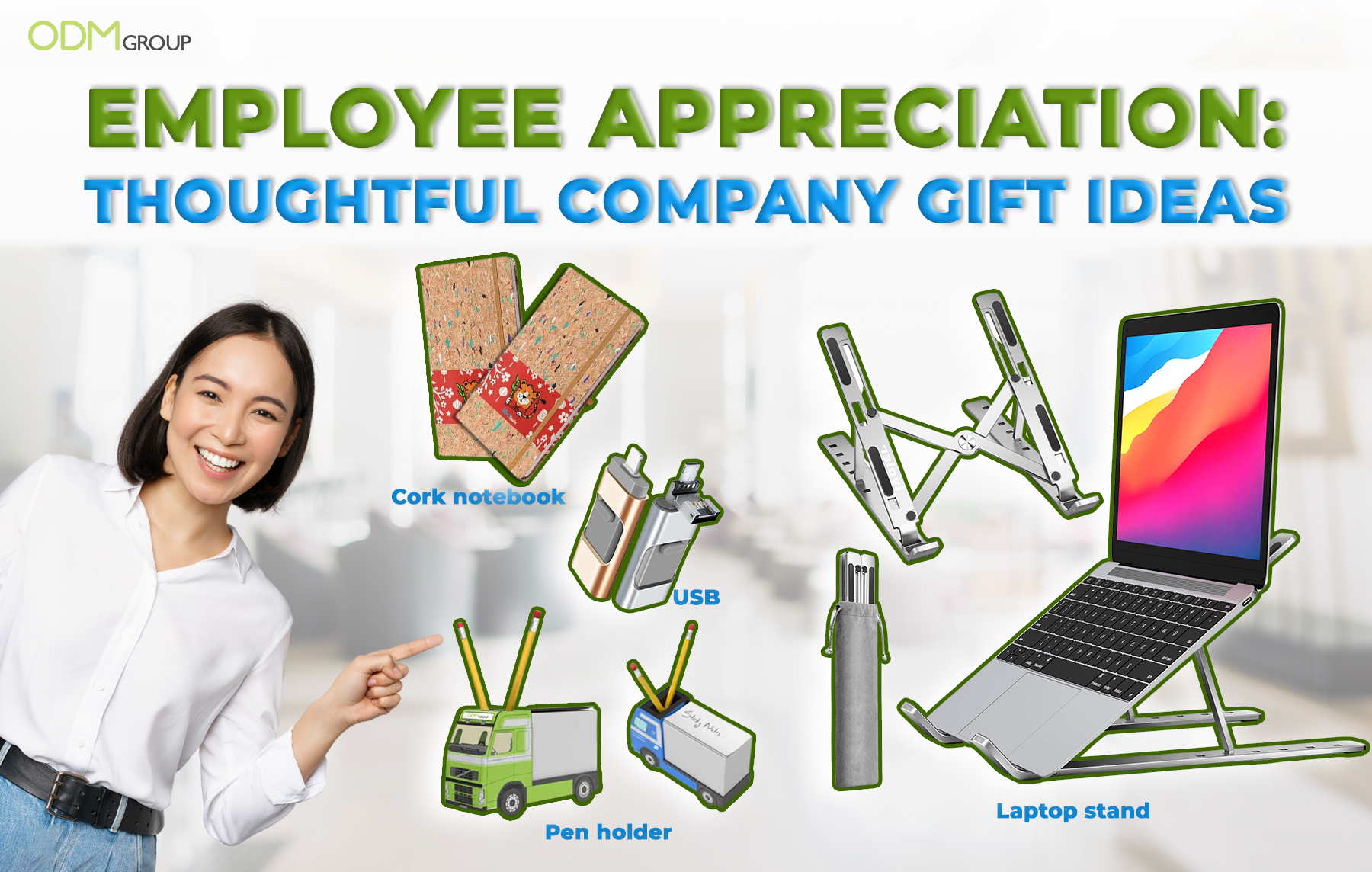 Various company gifts for employees including a cork notebook, USB, pen holder, and laptop stand by ODM Group.