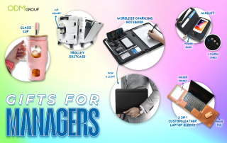 When is Manager Appreciation Day - Assorted gifts for managers including a glass cup, trolley suitcase, wireless charging notebook, and custom leather laptop sleeve.