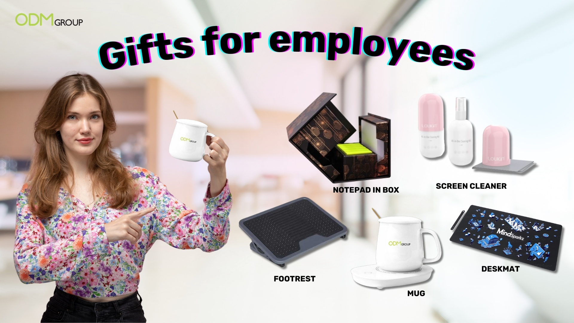 A woman holding a mug with other employee gift ideas like a footrest, desk mat, and screen cleaner displayed.