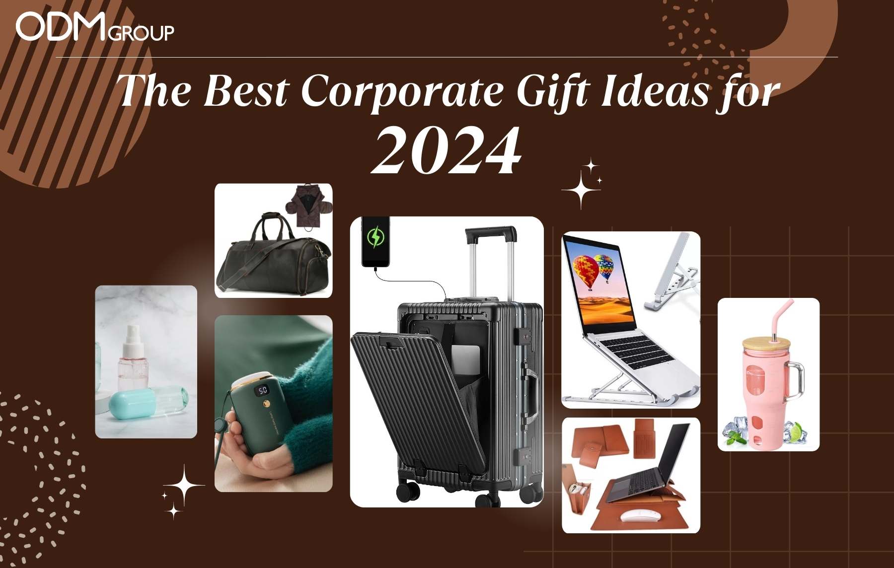 Various corporate gift ideas for 2024 including a travel bag, laptop stand, and reusable water bottle.