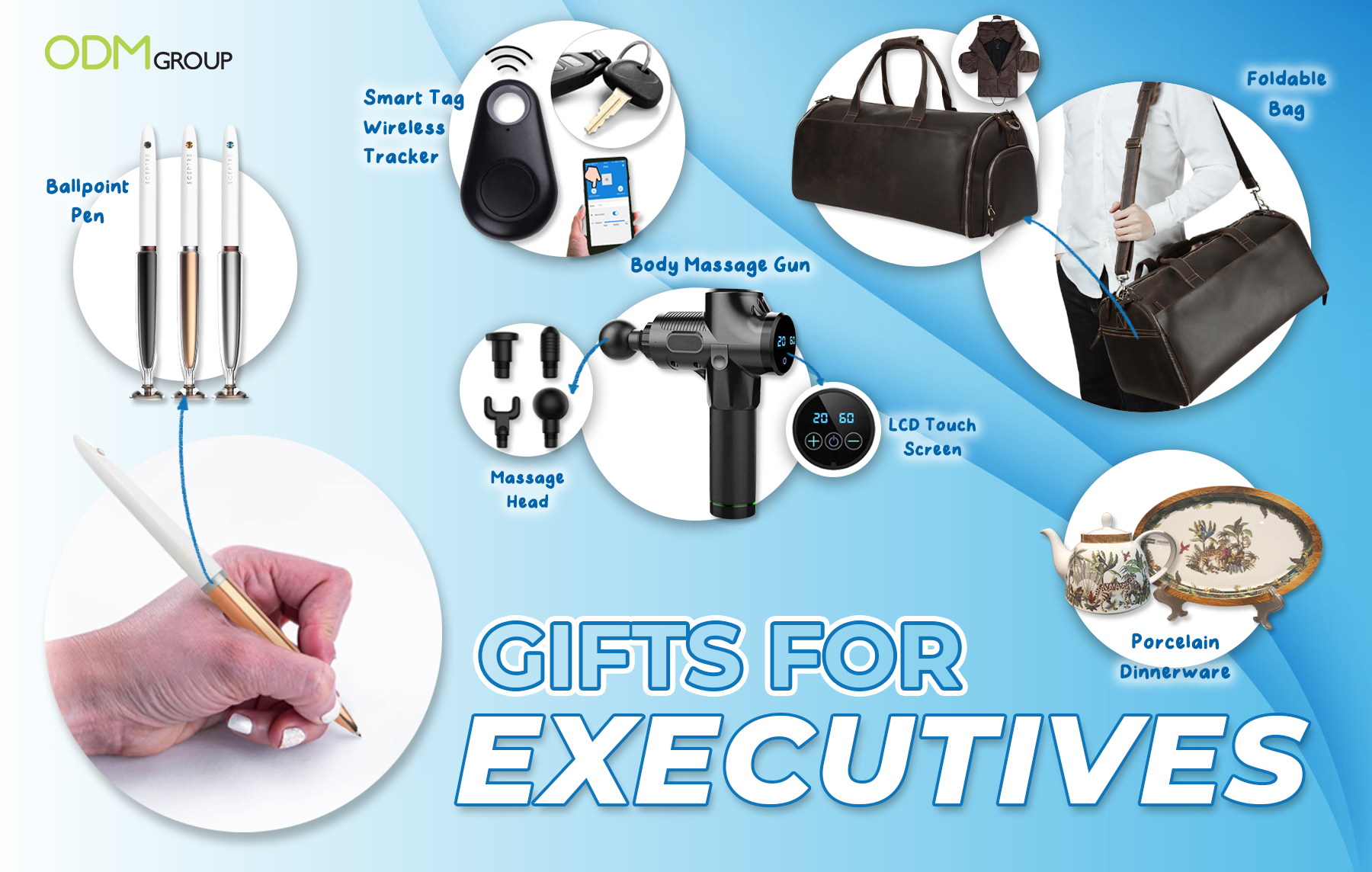 Collection of gifts for office staff including smart tag, body massage gun, ballpoint pens, and a foldable bag.