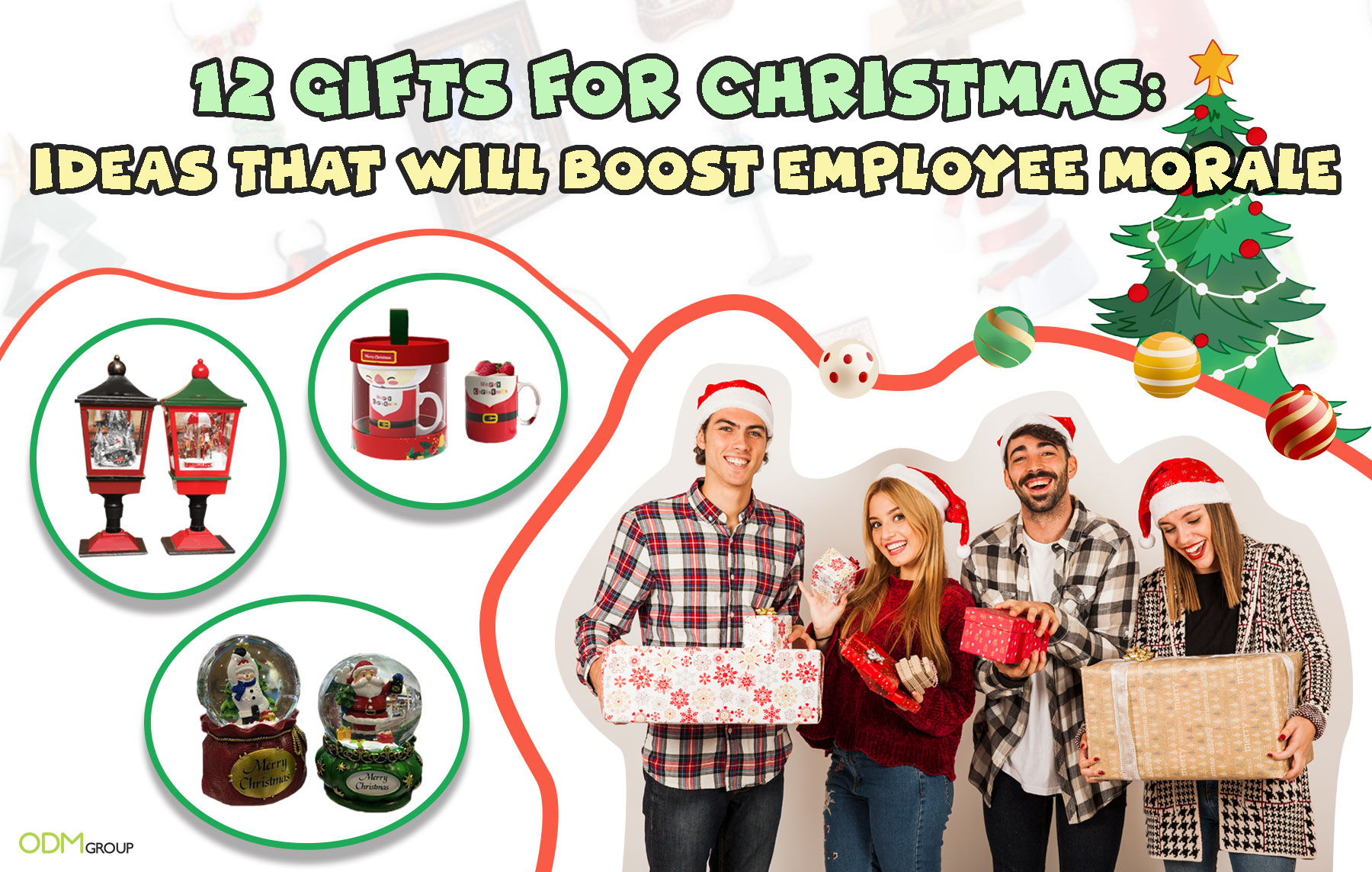 Festive holiday gift for office staff including lanterns, mugs, and snow globes.