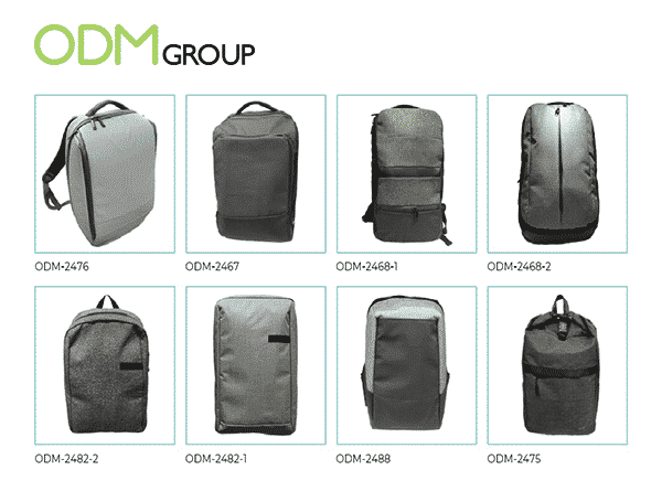Eight different styles of custom-designed backpacks.