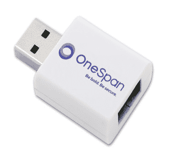 Custom USB data blocker with OneSpan branding.