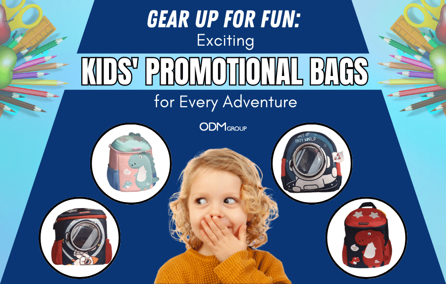 Award ideas for students - Child surrounded by fun, colorful kids' promotional bags.