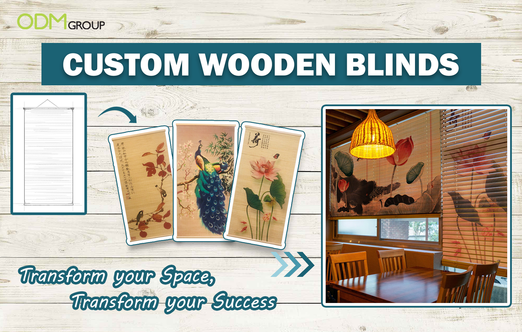 Custom wooden blinds with artistic designs, perfect for transforming office spaces.