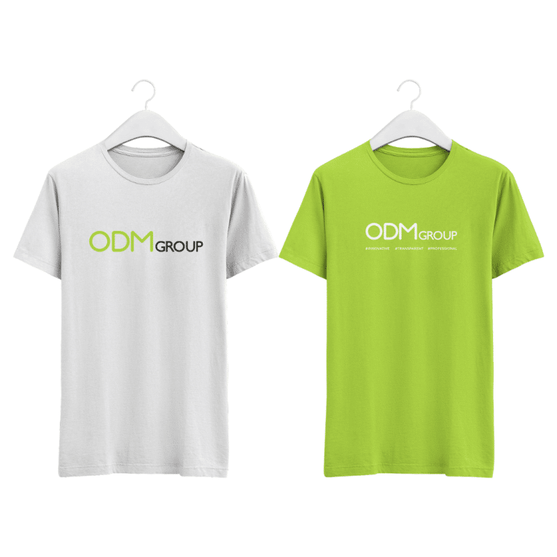 White and green customized T-shirts with ODM Group logo.