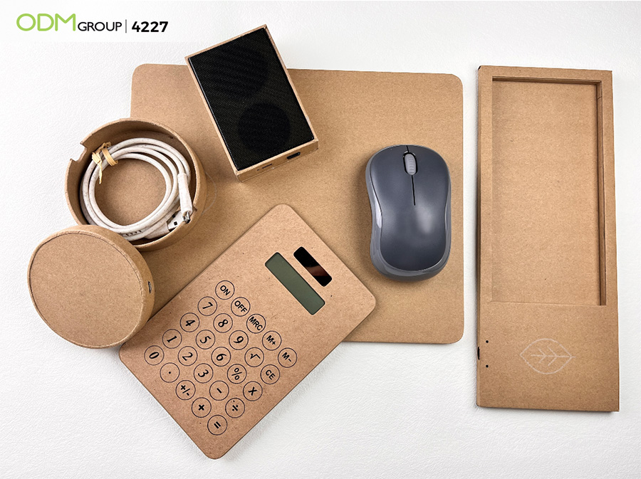 Eco-friendly stationery set with a paper calculator and accessories.