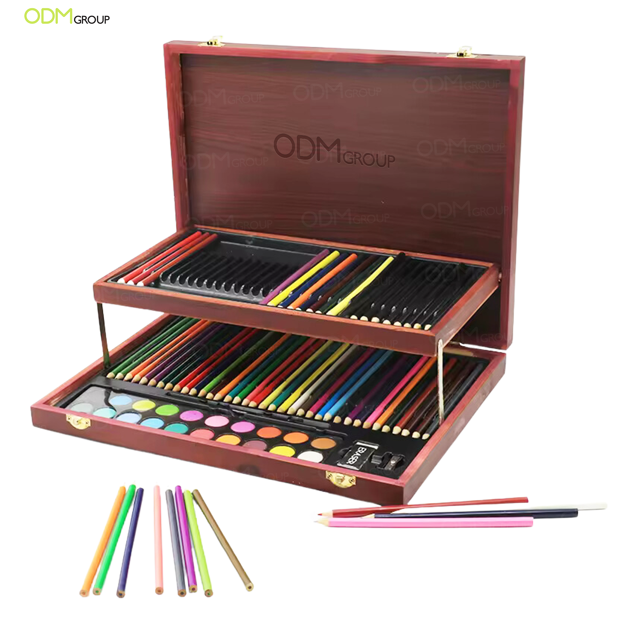 Wooden case with assorted color pencils and paint set.