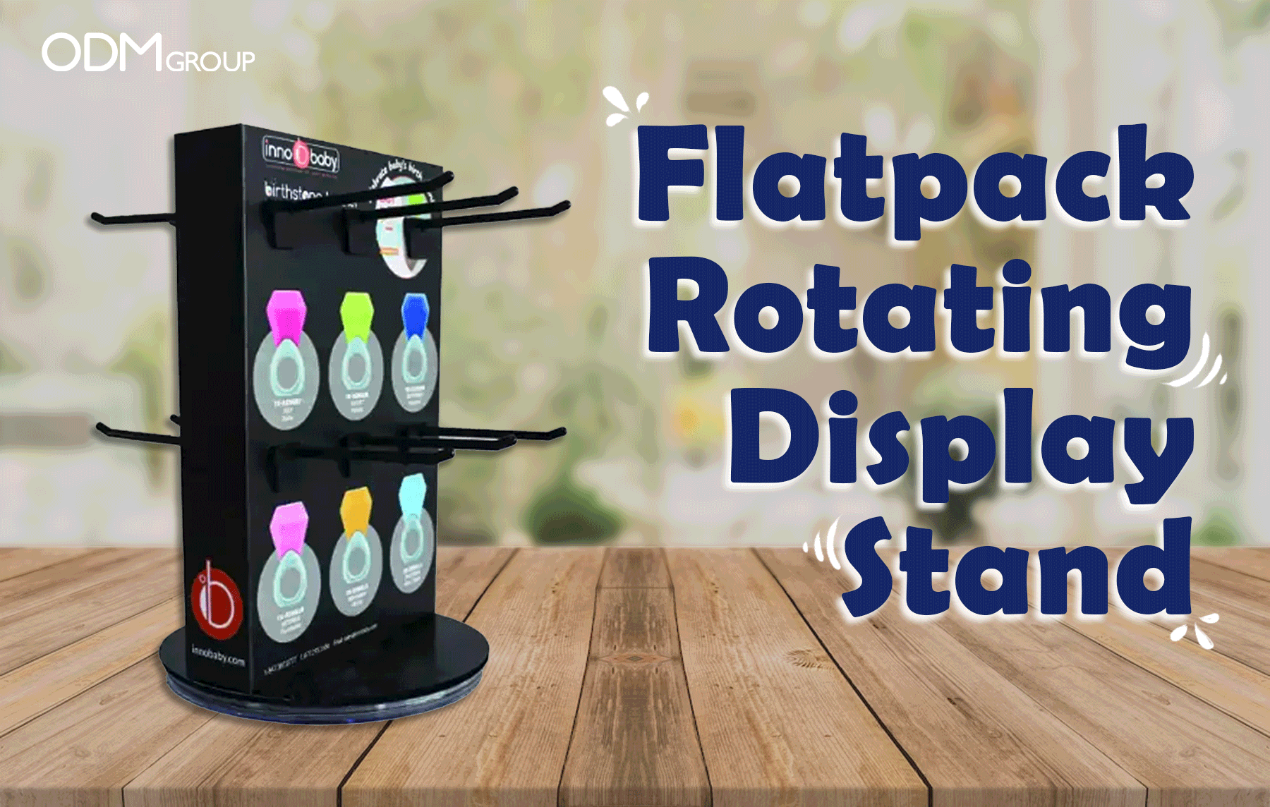 Compact rotating display stand with small products.