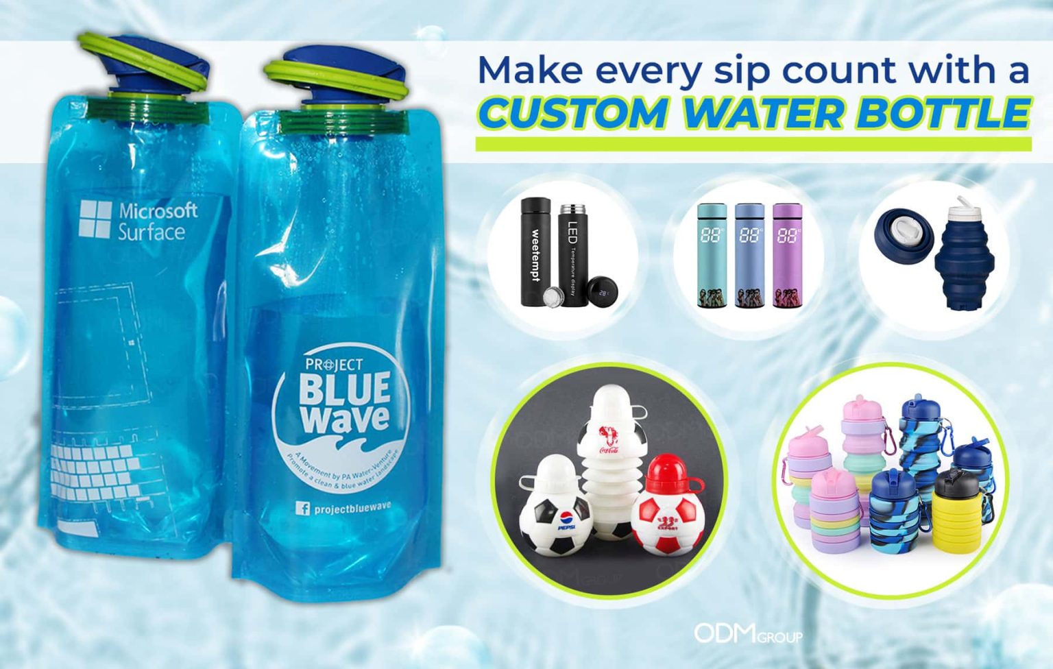 What does SWAG mean - Selection of custom water bottles in various designs.