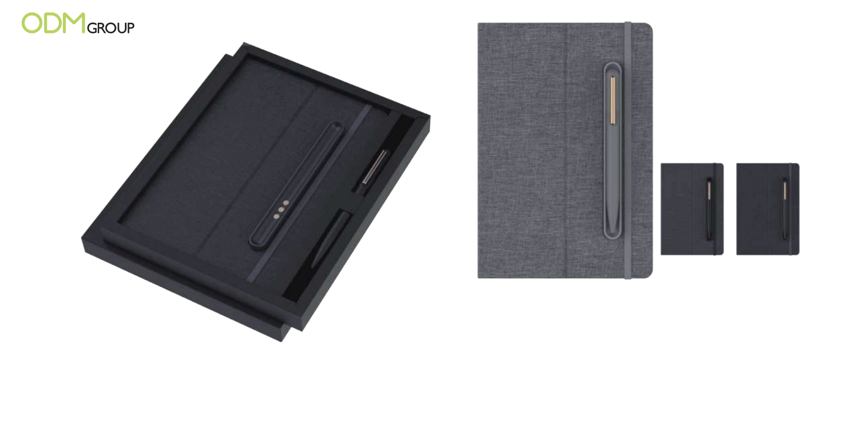 Sleek notebook with an integrated pen holder.
