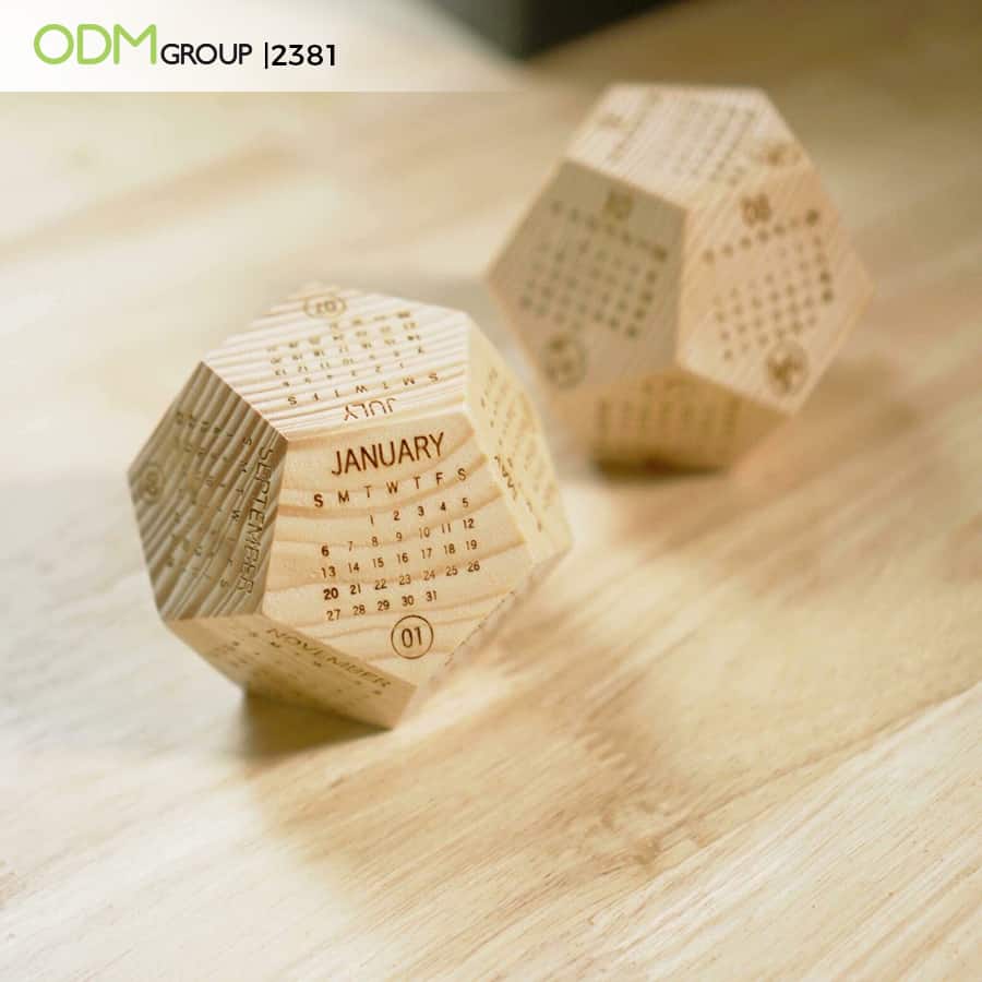 Wooden polyhedral calendar by ODM Group.