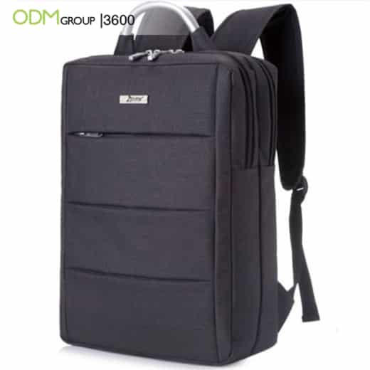 Black custom-branded backpack by ODM Group.