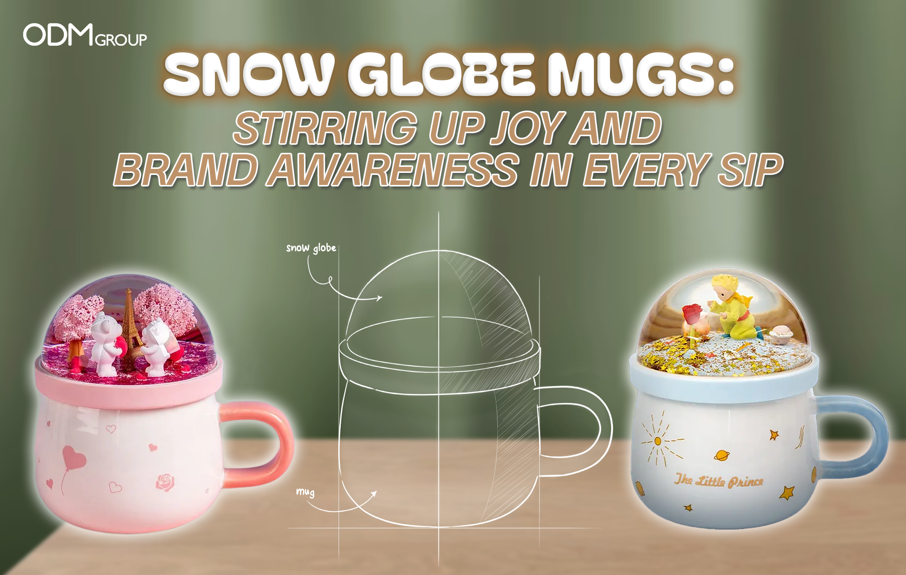 Custom snow globe mugs with whimsical designs by ODM Group.