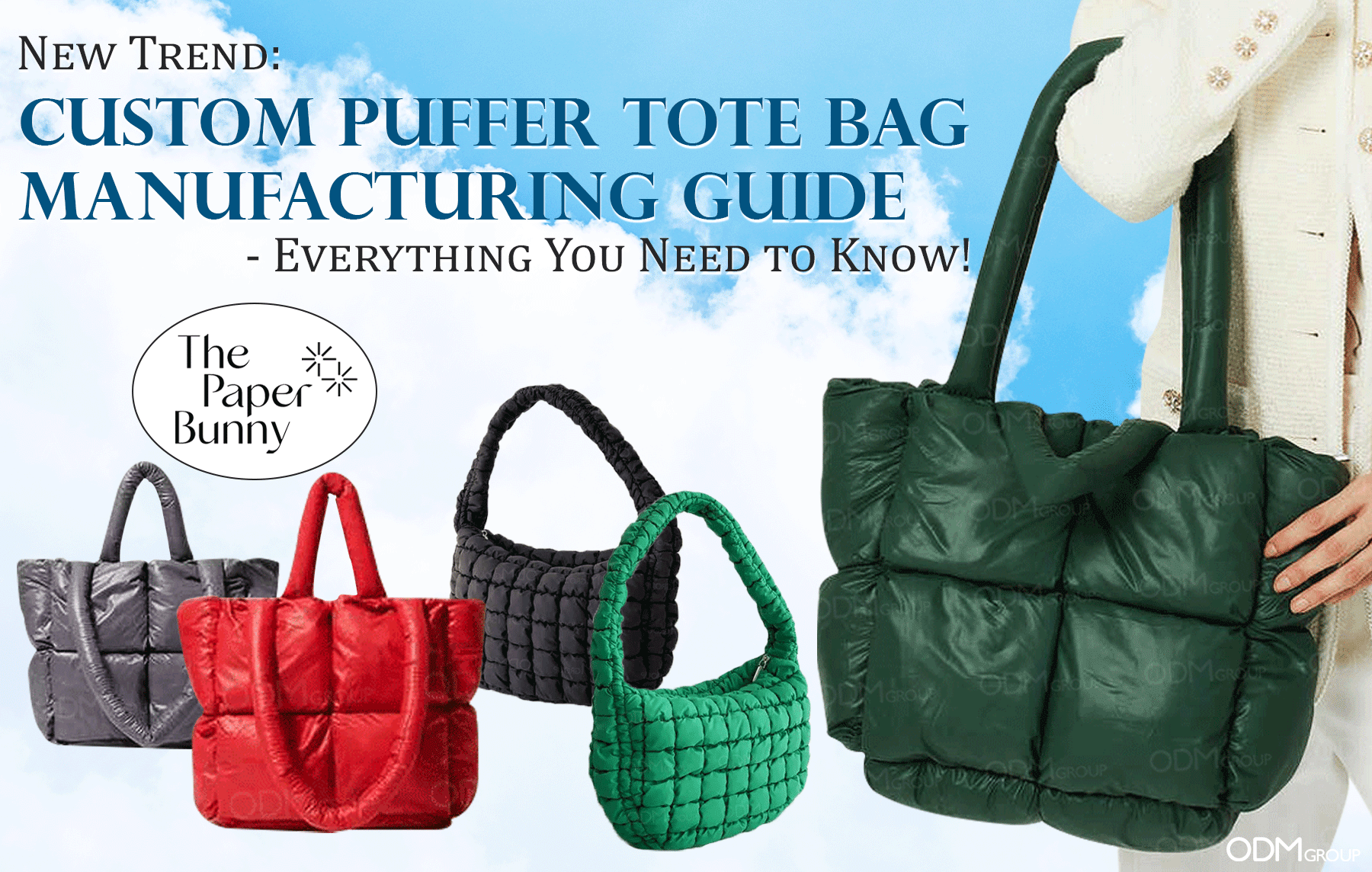 Various custom puffer tote bags in different colors.