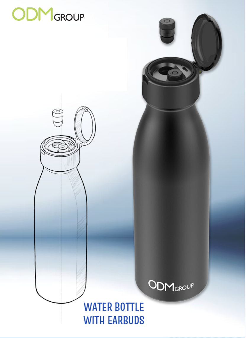 Black water bottle with built-in earbuds in the cap.