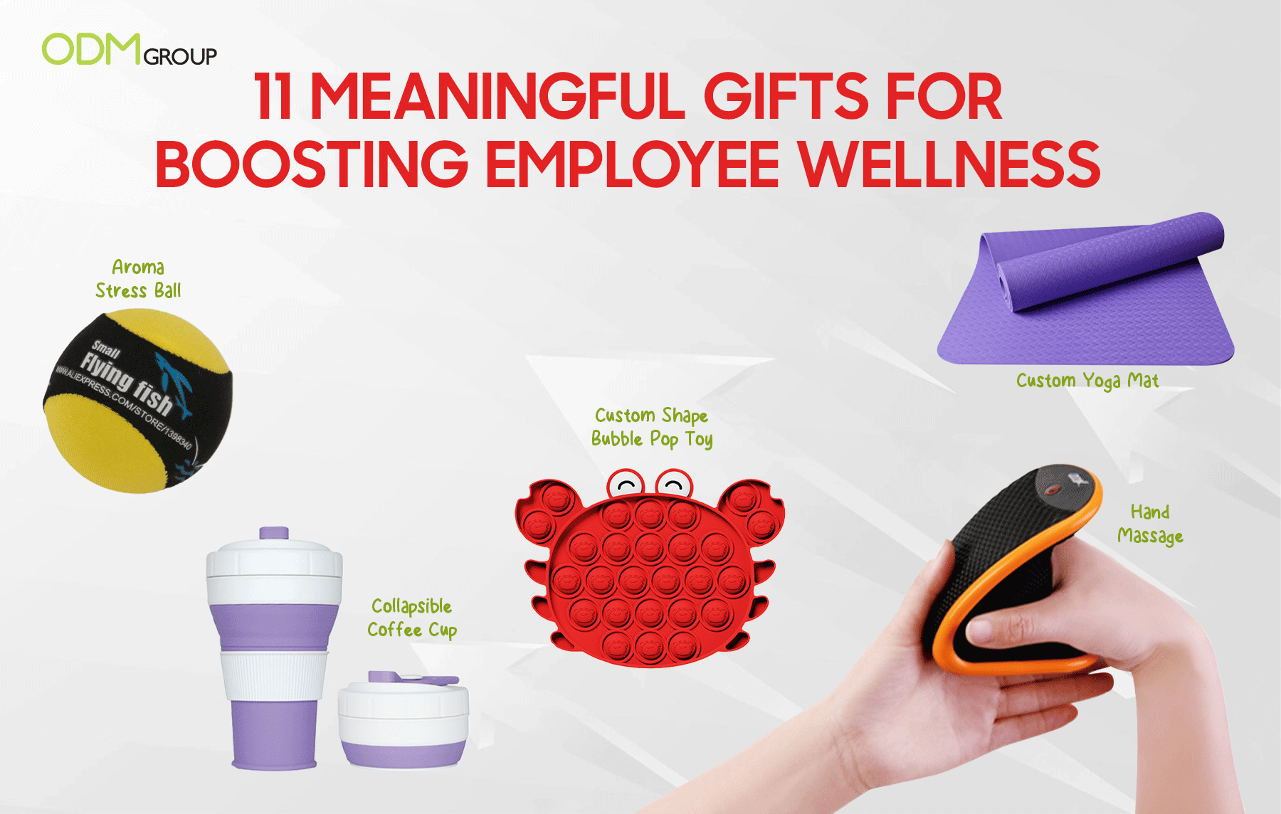 Meaningful wellness gifts like an aroma stress ball, yoga mat, and collapsible coffee cup.