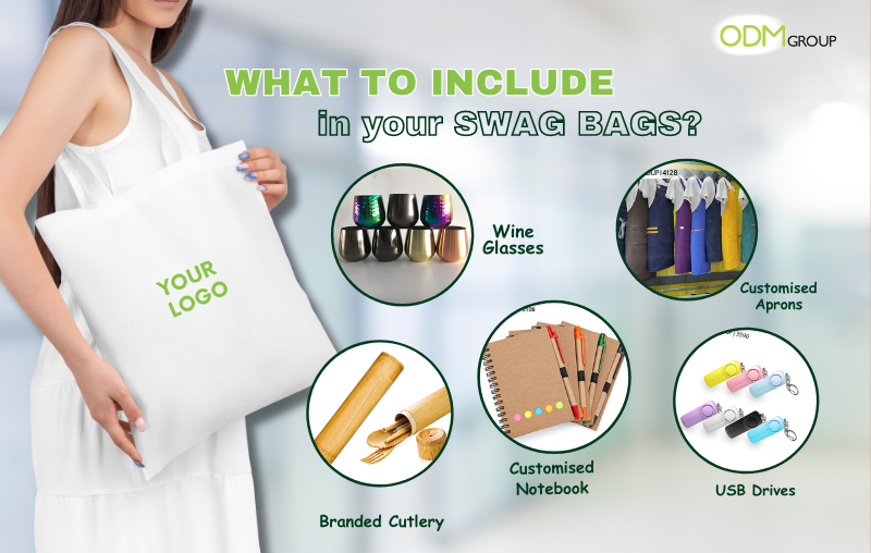 Woman holding a tote bag with various SWAG items like wine glasses, branded cutlery, and USB drives.