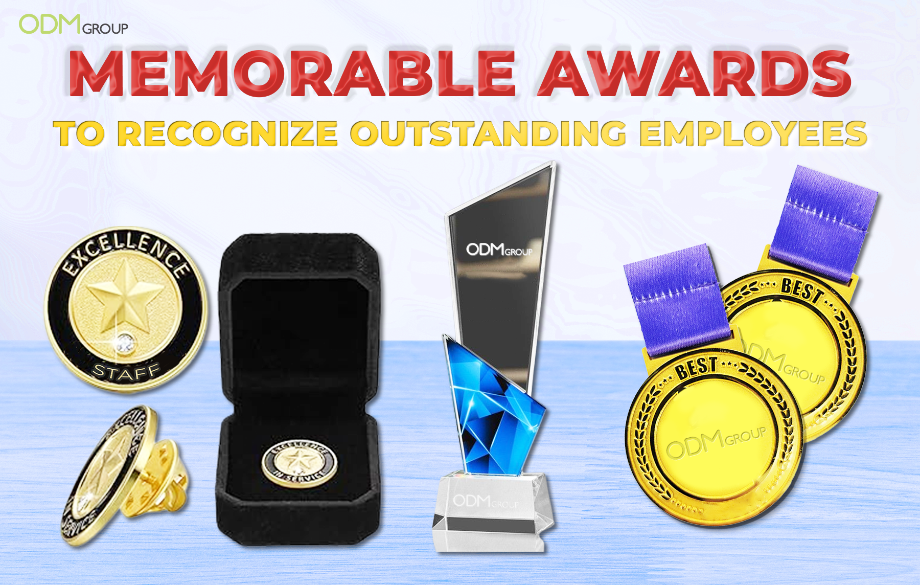 Memorable awards to recognize outstanding employees and improve morale at work, including pins, trophies, and medals.