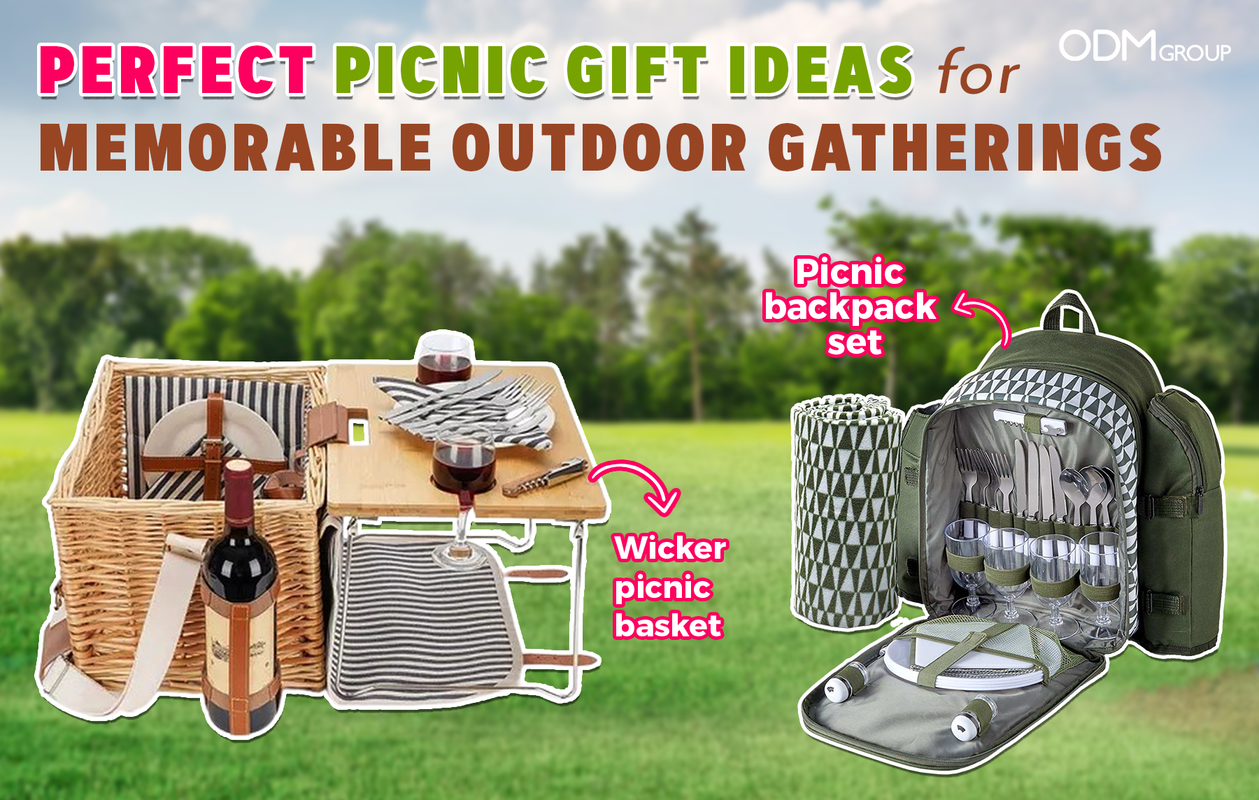 Picnic gift Ideas for Employee Appreciation Day including a wicker basket and a backpack set