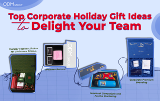 Various corporate holiday gift boxes showcasing festive and wellness-themed gift sets.