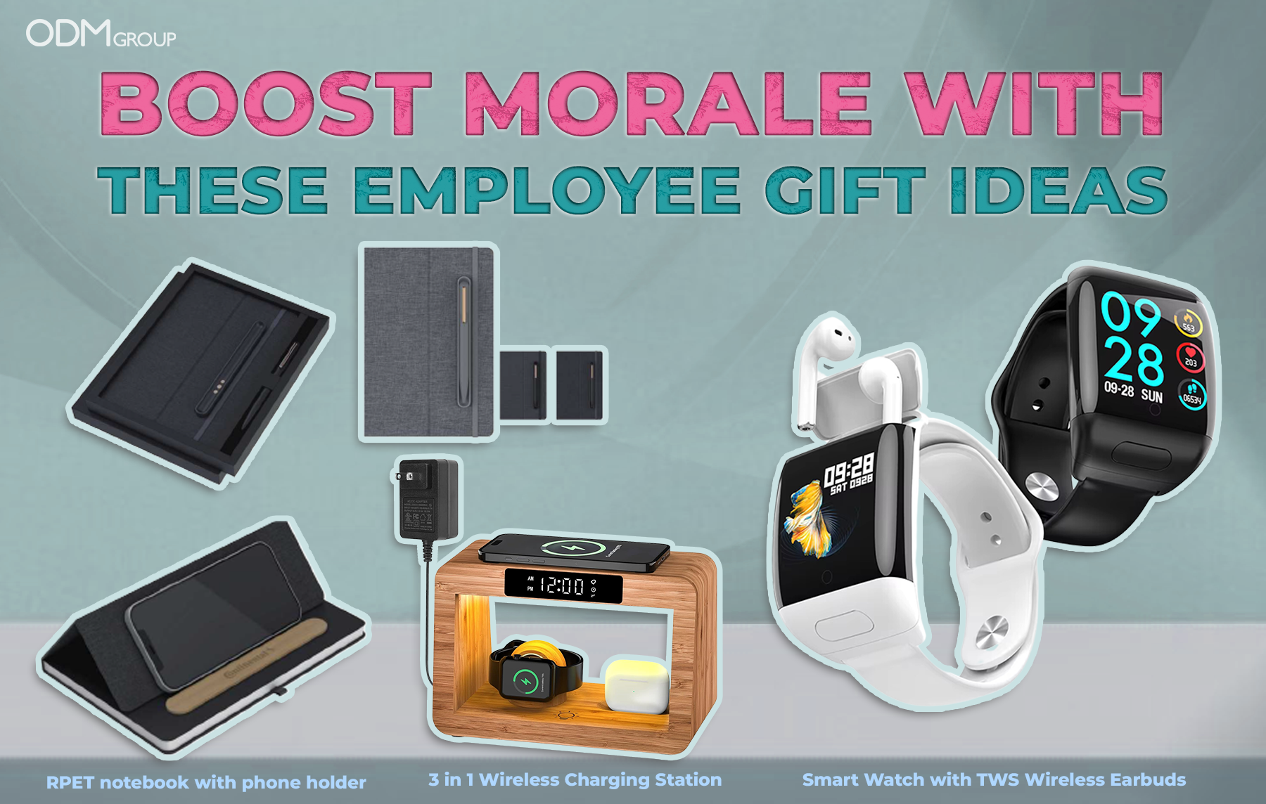 "Boost Morale with These Employee Gift Ideas - featured products include RPET notebook with phone holder, 3 in 1 wireless charging station, and smart watch with TWS wireless earbuds.