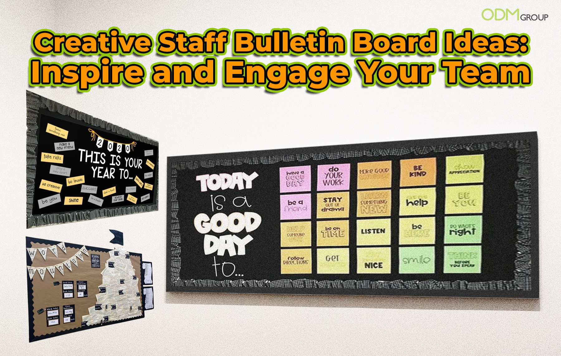 Staff bulletin boards with motivational quotes and colorful sticky notes.