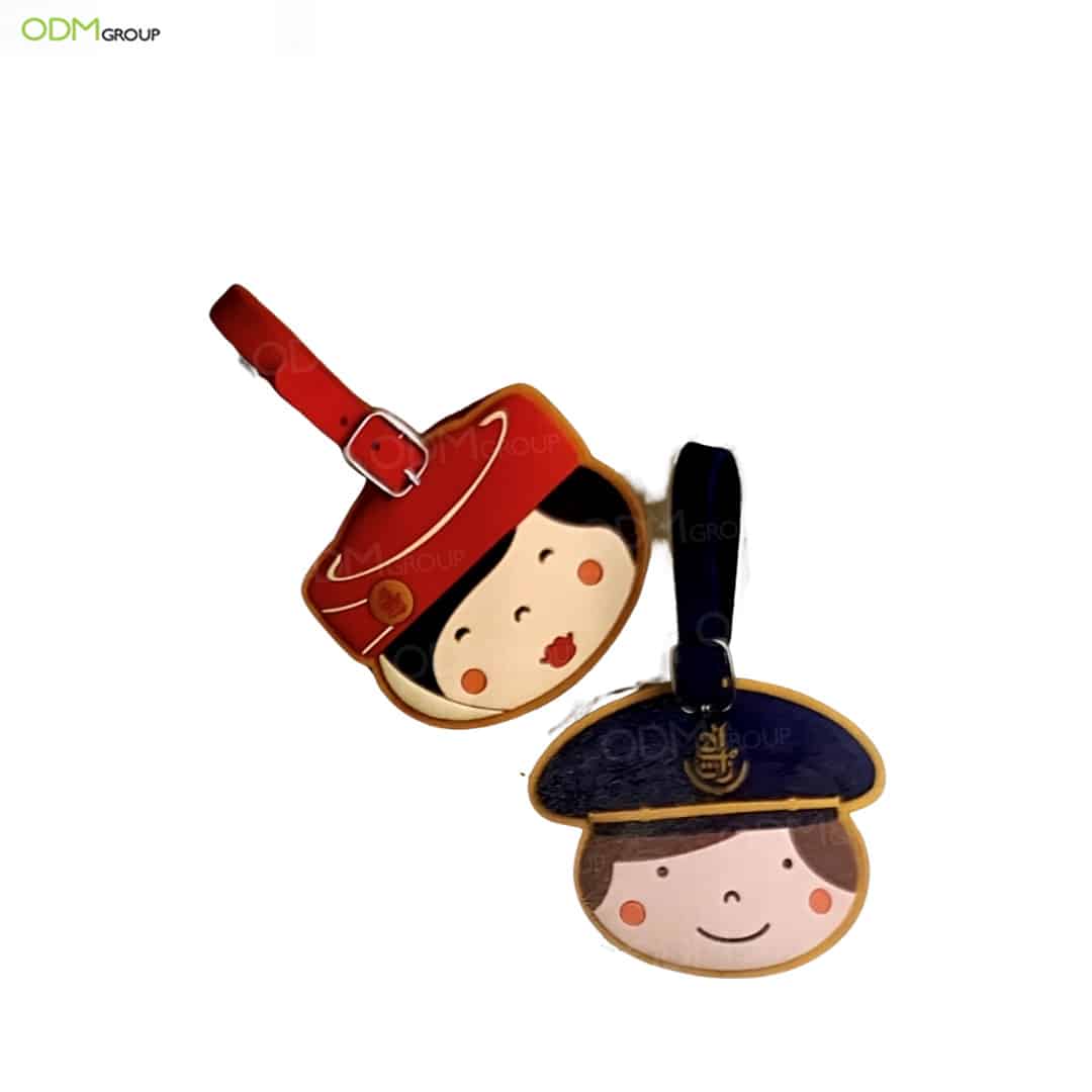 Cute aviation-themed luggage tags with pilot and stewardess designs, ideal for travel-related gifts.