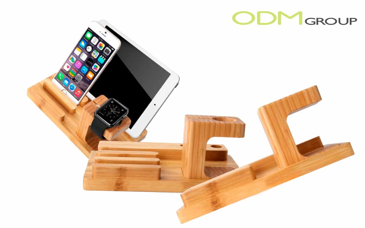 Bamboo docking station for smartphone, tablet, and watch.