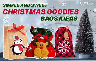 Simple and sweet Christmas goodie bags ideas to delight your employees.- Three Christmas goodie bags featuring festive designs with a penguin, reindeer, and snowflake theme.