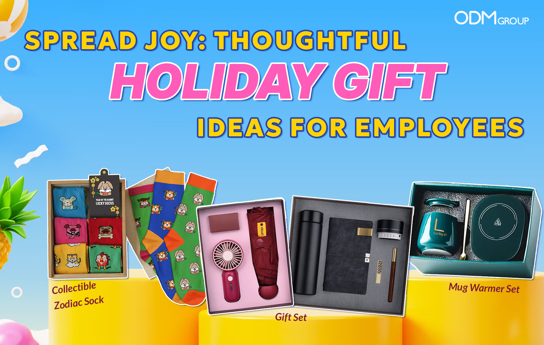 Holiday gift ideas for employees featuring zodiac socks, gift sets, and a mug warmer set from The ODM Group.