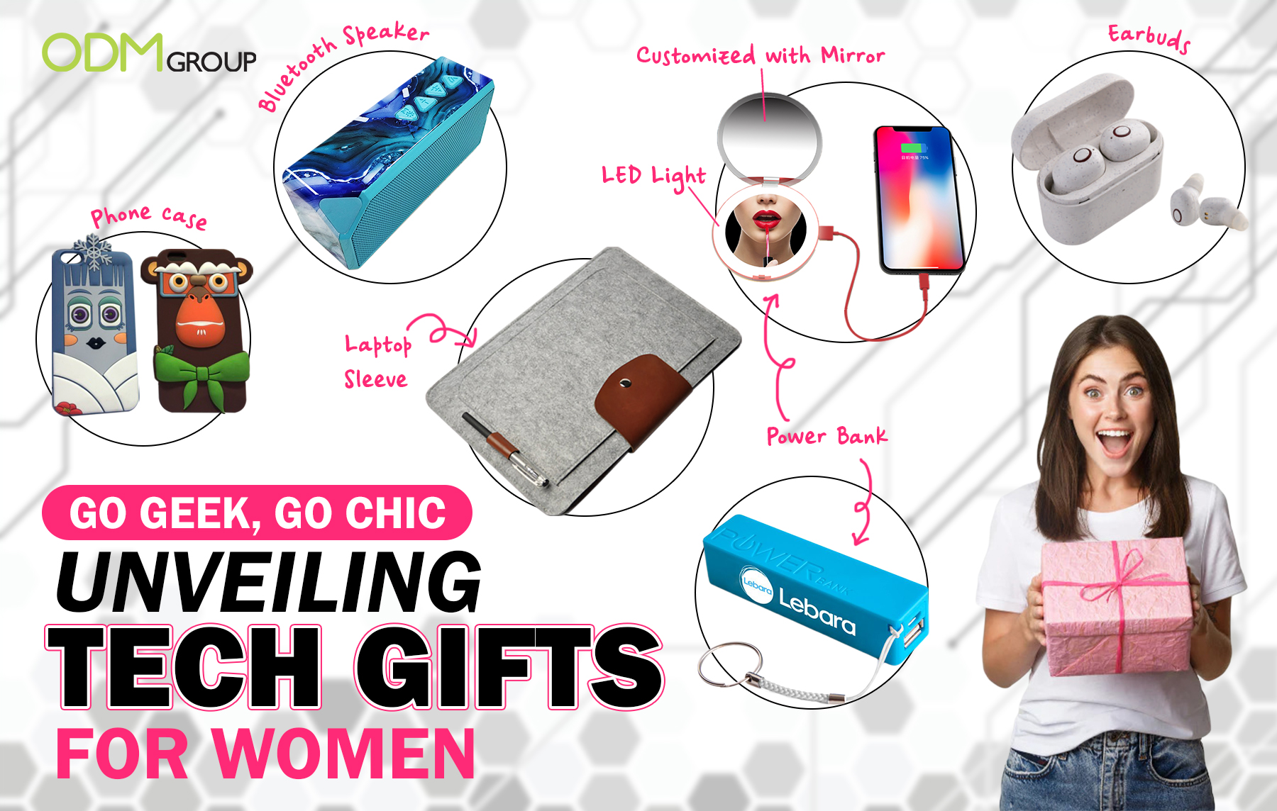 Tech gifts for women including Bluetooth speaker, phone case, earbuds, power bank, and customized mirror with LED light.