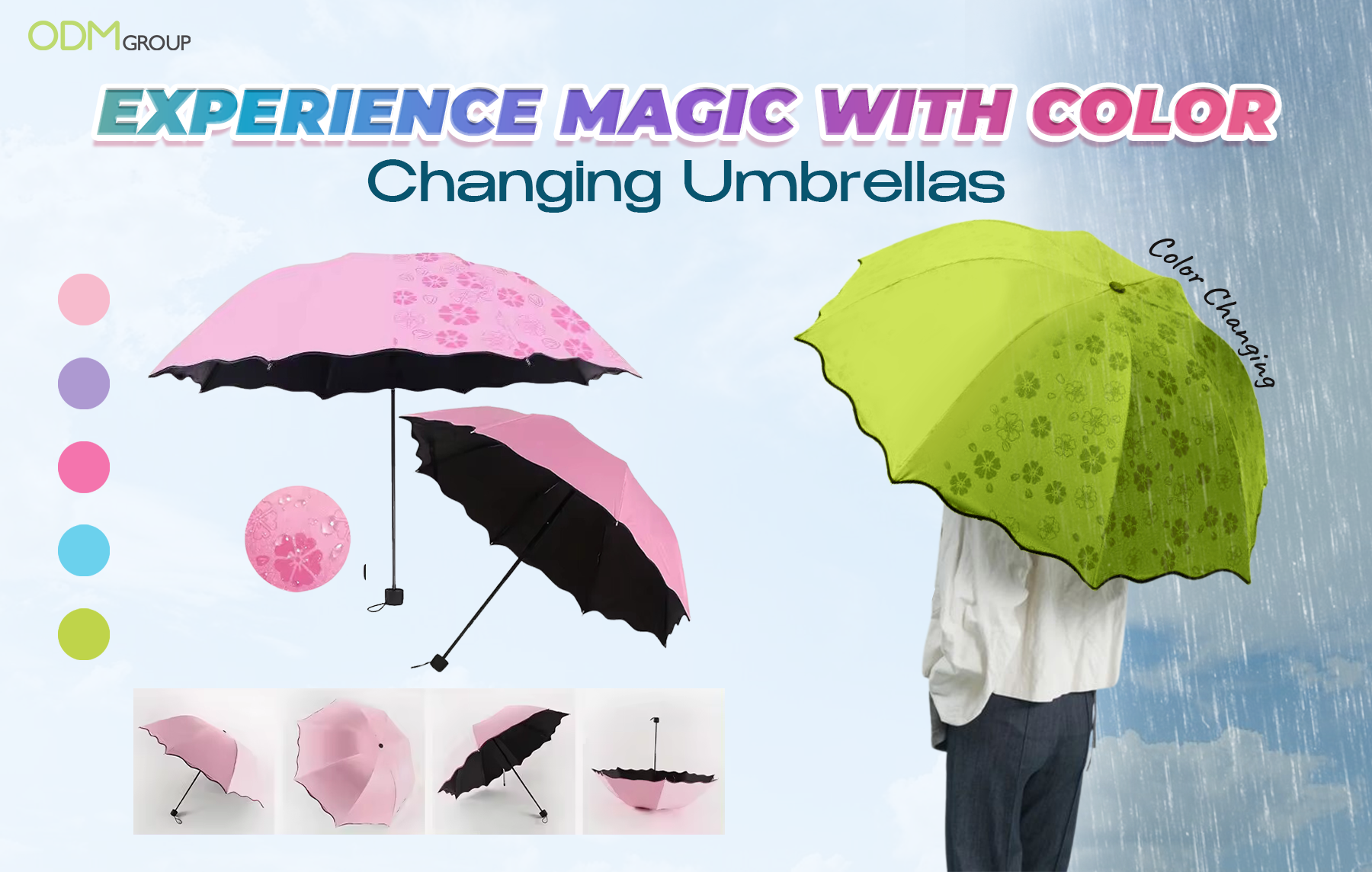 Color-changing umbrellas in various colors, perfect for unique corporate gifts.
