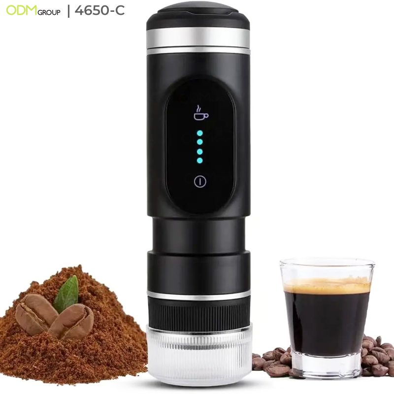 Portable coffee maker with coffee beans and a glass of espresso - Best gifts for coworkers.