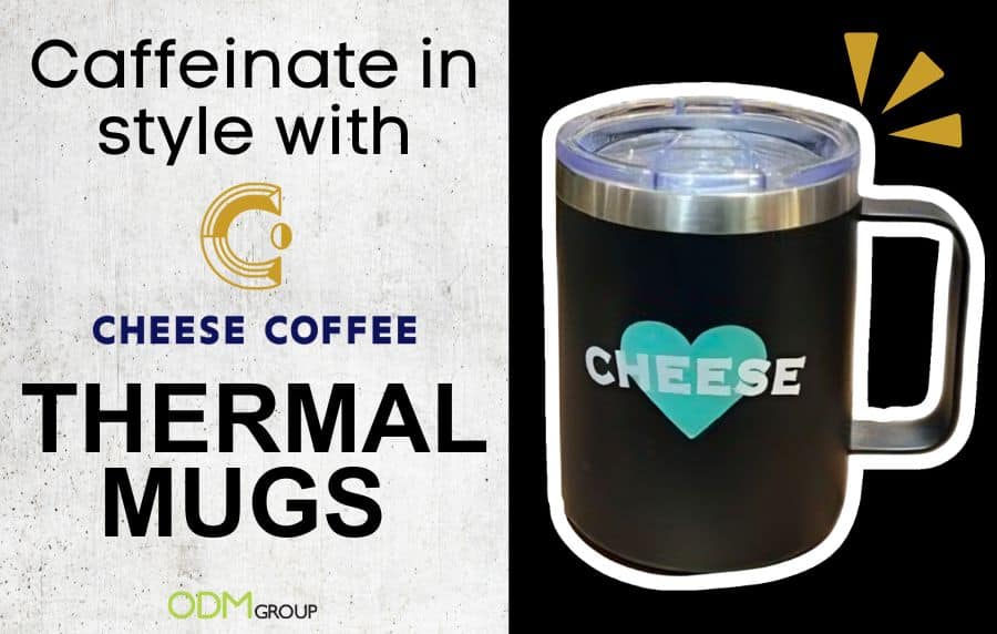 Black thermal mug with Cheese Coffee logo, a stylish corporate holiday gift idea.