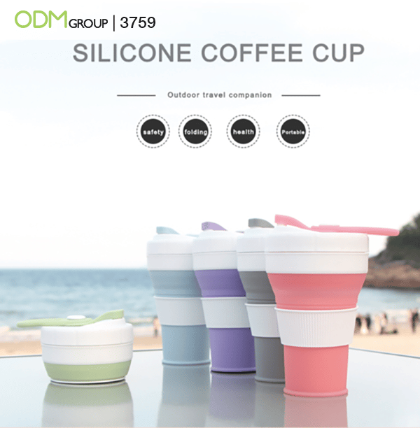 Collapsible silicone coffee cups in various colors.