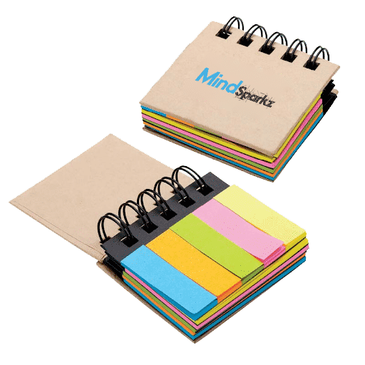 Variety of company swag items including branded notebooks and sticky notes.