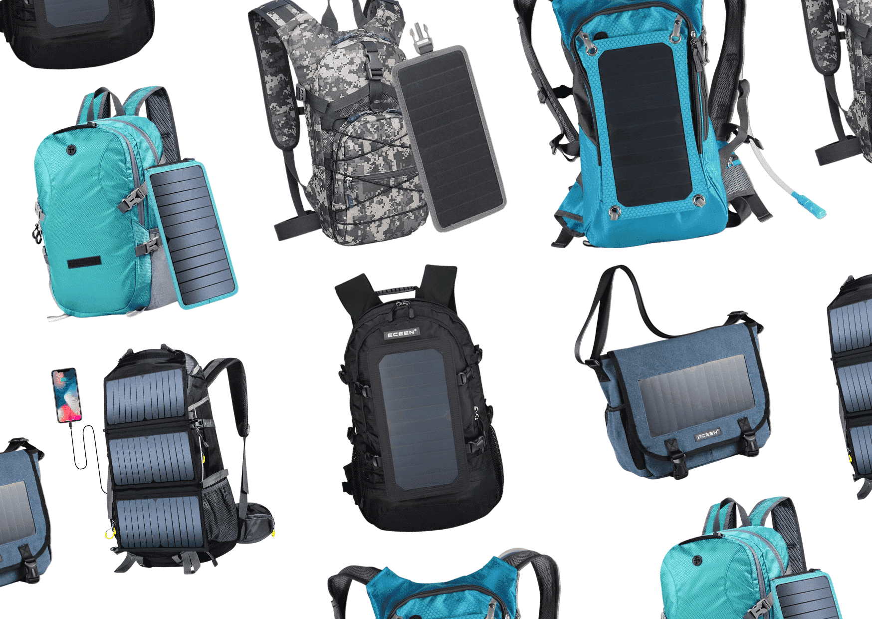 Collection of stylish solar charged backpacks in various designs.