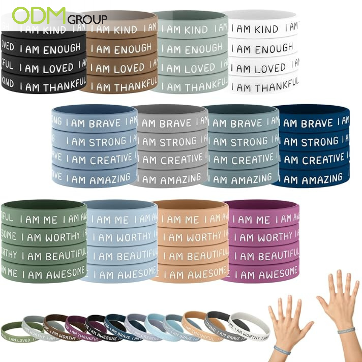 A collection of colorful wristbands with positive affirmations like "I am brave," "I am enough," and "I am kind."