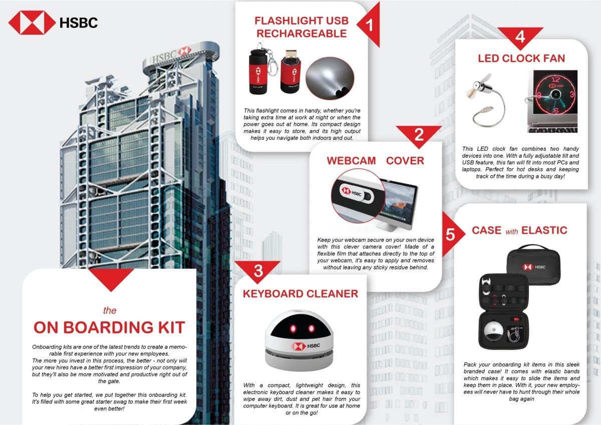 HSBC employee onboarding kit including USB flashlight, webcam cover, keyboard cleaner, and LED clock fan.