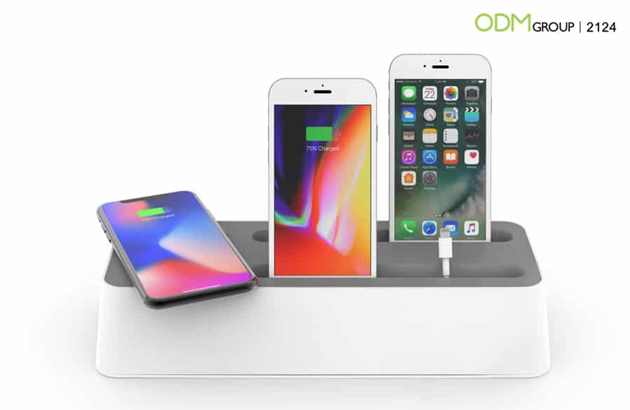 Wireless charging station with multiple phones.