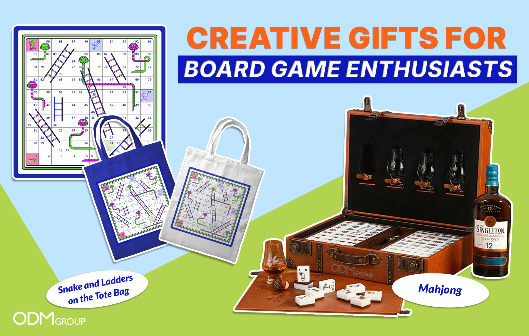 Creative gifts for board game enthusiasts including tote bags and a mahjong set.