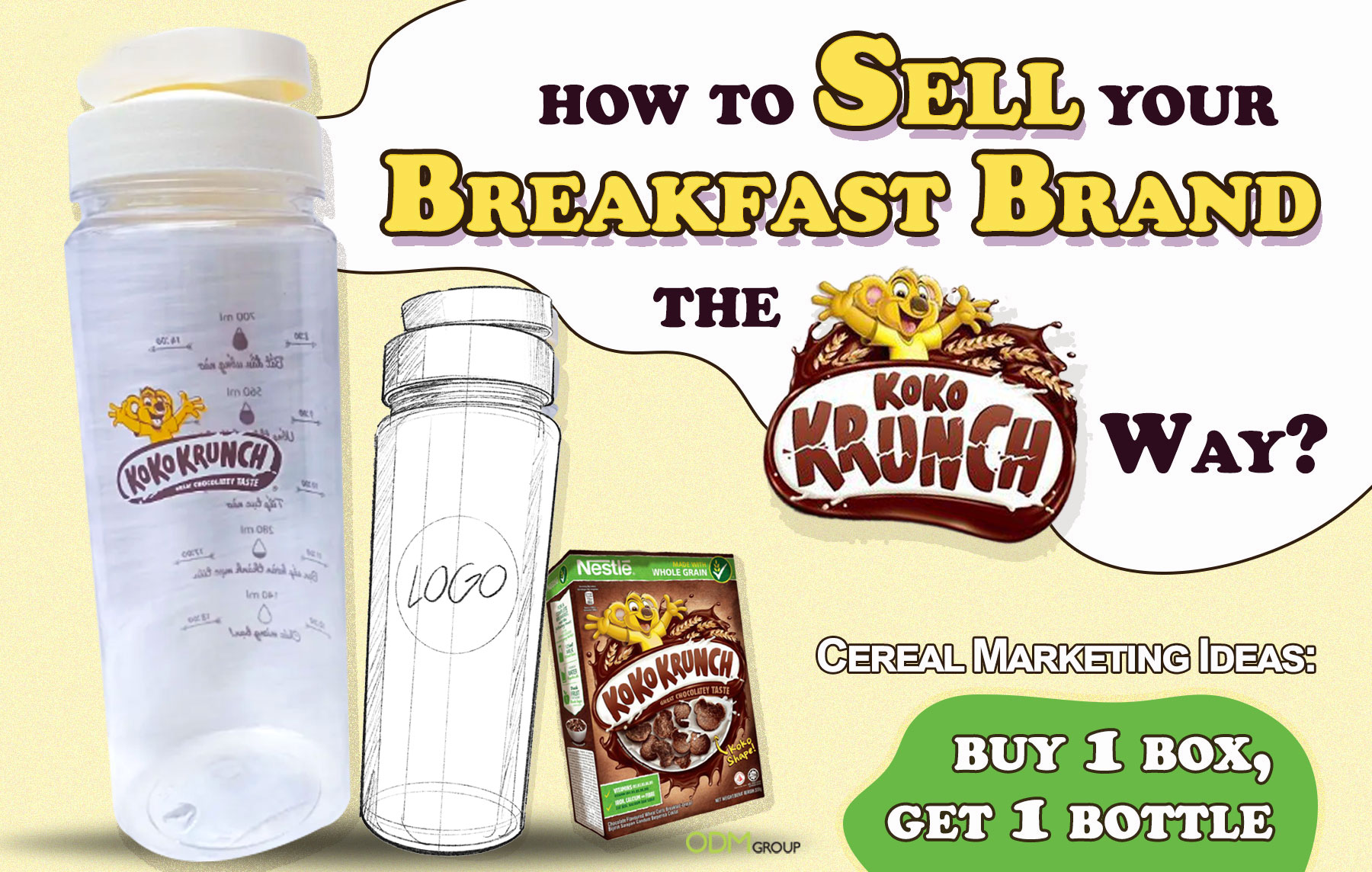 Koko Krunch cereal box with promotional water bottle.