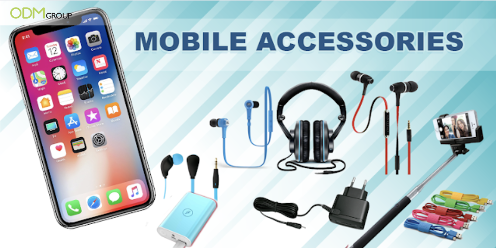 Variety of mobile accessories including headphones, chargers, and a selfie stick.