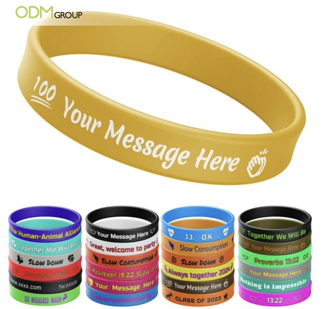 Customizable motivational wristbands in various colors.